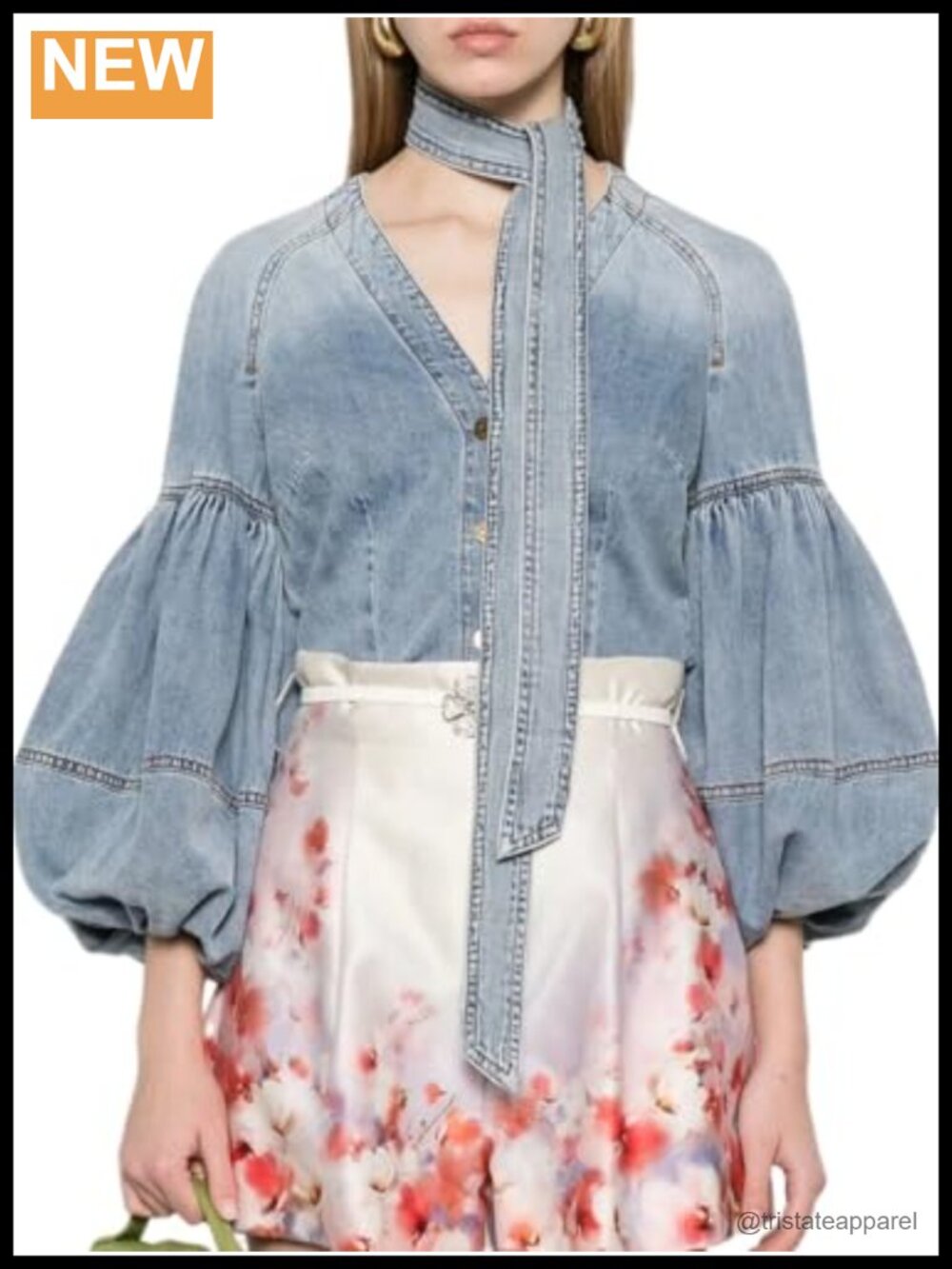 Women's Tie V-Neck Babydoll Denim Shirt Long Sleeve Puff Cotton Blue Jean